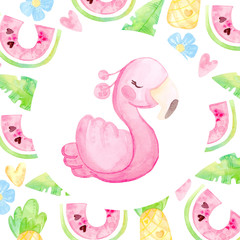 Cute cartoon illustration. Hand drawn watercolor. Round frame of tropical pink flamingos, watermelon, pineapple flowers. Template for postcard.