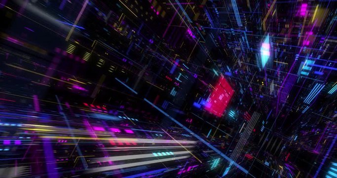 Seamless loop of abstract matrix hologram digital data flow. fly through time and space, warp through science fiction binary code particles network. Science and Technology concept. 3D render