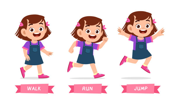 happy kid girl do wak run jump