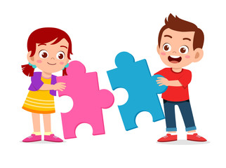 Obraz premium happy cute kids play solve puzzle together