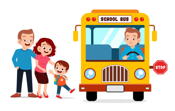 kid boy with parent wait school bus