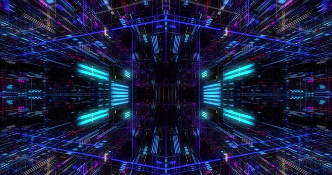 Big data visualization with digital grid motion. Analysis of information, cloud computing, internet of things, network technology. Visual data infographics. Seamless loop, 3D render
