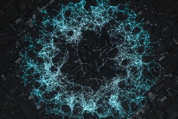 Circuit board with glowing cube and lines, 3d rendering.