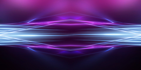 Empty stage background in purple color, spotlights, neon rays. Abstract background of neon lines and rays. Abstract background with lines and glow. Empty stage the reflection of neon lights