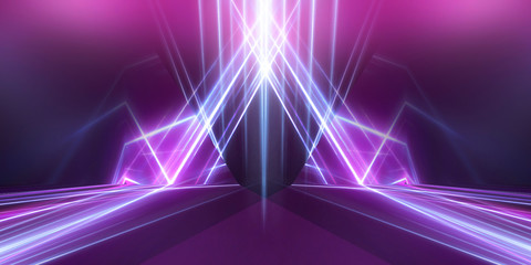 Fototapeta na wymiar Empty stage background in purple color, spotlights, neon rays. Abstract background of neon lines and rays. Abstract background with lines and glow. Empty stage the reflection of neon lights