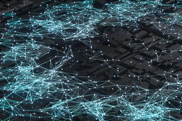 Circuit board with glowing cube and lines, 3d rendering.