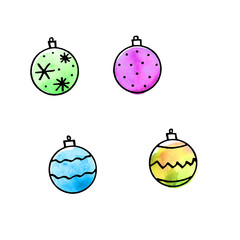 Set of watercolor Christmas balls isolated on white background. New year and Christmas line art, Doodle, sketch, hand drawn. Simple color illustration for greeting cards, calendars, prints