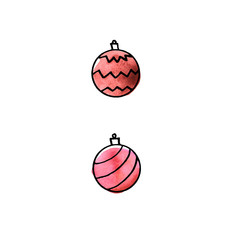 Set of watercolor Christmas balls isolated on white background. New year and Christmas line art, Doodle, sketch, hand drawn. Simple color illustration for greeting cards, calendars, prints