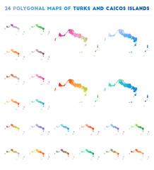Set of vector polygonal maps of Turks and Caicos Islands. Bright gradient map of island in low poly style. Multicolored Turks and Caicos Islands map in geometric style for your infographics.