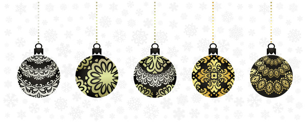 Christmas ornaments collection. Winter holiday design elements. Decoration balls with golden and silver ornaments.
