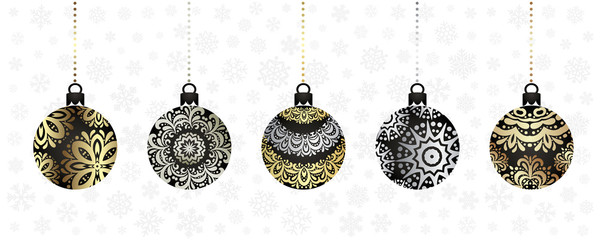 Christmas ornaments collection. Winter holiday design elements. Decoration balls with golden and silver ornaments.