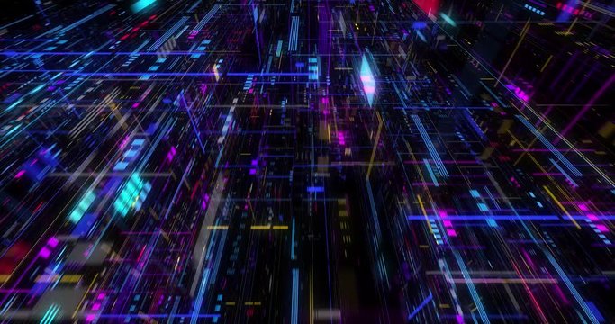 Flying over abstract motion background, a futuristic circuit board, Digital motherboard. Digital grid, CPU Processing, Digital network, Computing, GPU gaming, Web, internet. 3D render