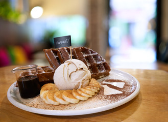 Dessert - Gelato ice cream with chocolate waffle and banana