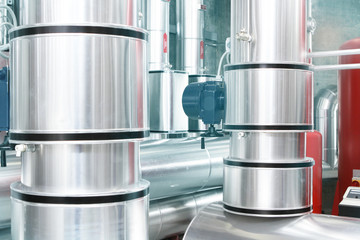chrome pipes in heating and AC rooms in buildings of factories and hospital