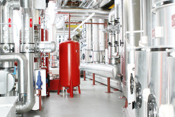 chrome pipes in heating and AC rooms in buildings of factories and hospital