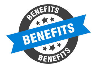 benefits sign. benefits blue-black round ribbon sticker