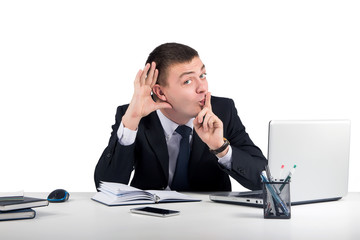 Funny businessman in dark suit overhear