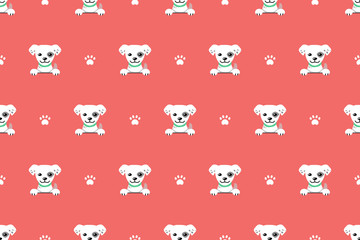 Vector cartoon white dog seamless pattern background for design.