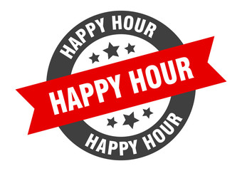 happy hour sign. happy hour black-red round ribbon sticker