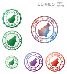 Borneo badge. Colorful polygonal island symbol. Multicolored geometric Borneo logos set. Vector illustration.