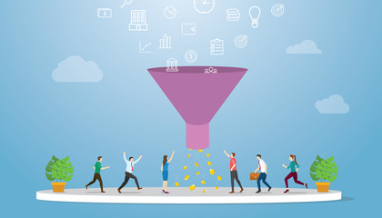 marketing sales funnel with profit result oriented concept with modern flat style - vector - obrazy, fototapety, plakaty