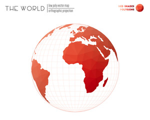 Polygonal map of the world. Orthographic projection of the world. Red shades colored polygons. Neat vector illustration.