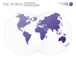 Polygonal map of the world. Van der Grinten IV projection of the world. Purple Shades colored polygons. Stylish vector illustration.
