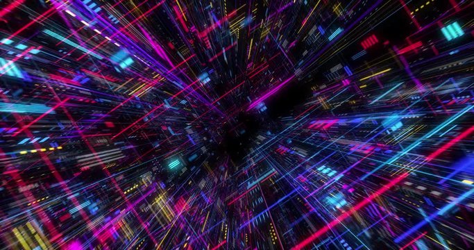 Seamless loop global connection business cloud computing service, ig data visualization. Blockchain. 4K Futuristic technological abstract motion background, floating circuits. 3D render