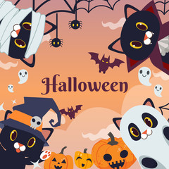 The halloween party for friend group of black cat wear fantasy costume. The black cat as witch and big hat with skull. and as white ghost and as vampire.The cat as mummy. in flat vector style