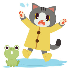 The character of cute cat wear the yellow raincoat and boots. The cute cat jumping on the air. The cute cat look shock because the frog. The character of cute cat in flat vector style.
