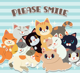 The group of cute cat and friends with text please smile on the white background. The cute cat sitting on the white background. The character of cute cat in vector style.
