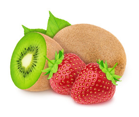 Composite image with whole and halved kiwi and strawberry isolated on a white background.