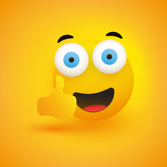 Smiling Emoji - Simple Happy Emoticon with Pop Out Eyes Showing Thumbs Up on Yellow Background - Vector Design
