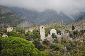 Sights of Montenegro. Ruin of the city of Old Bar. Antique chair in an abandoned church.