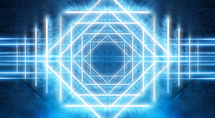 Abstract light tunnel, blue background, stage, portal with rays, neon blue light and spotlights. Dark empty scene with cold neon. Symmetric reflection, perspective. 3D rendering.