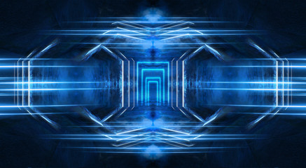 Abstract light tunnel, blue background, stage, portal with rays, neon blue light and spotlights. Dark empty scene with cold neon. Symmetric reflection, perspective. 3D rendering.