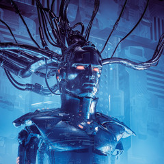 The data sentinel / 3D illustration of sinister science fiction male android artificial intelligence © grandeduc