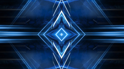 Obraz premium Abstract light tunnel, blue background, stage, portal with rays, neon blue light and spotlights. Dark empty scene with cold neon. Symmetric reflection, perspective. 3D rendering.
