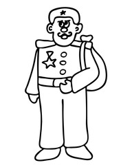 Linear soldier on white background. Character design. Patriotic illustration. Army uniform. The man in the form is drawn in the style of a Doodle. Isolated vector illustration