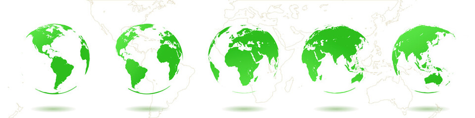 Set of 3d green Earth globes. Vector elements of the world. High detailed map for graphic backgrounds