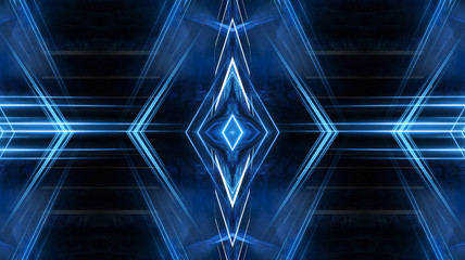 Obraz premium Abstract light tunnel, blue background, stage, portal with rays, neon blue light and spotlights. Dark empty scene with cold neon. Symmetric reflection, perspective. 3D rendering.