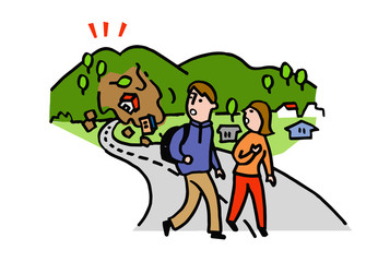 土砂崩れ　避難する人々