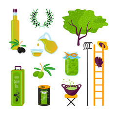 Set cartoon style icons of products of olives.