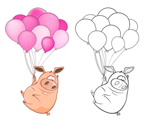 Deurstickers Vector Illustration of a Cute Cartoon Character Pig for you Design and Computer Game. Coloring Book Outline Set  © liusa