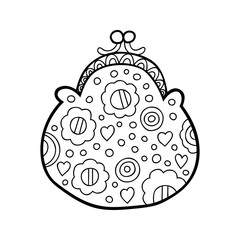 Female bag. Black and white fashion illustration for coloring books, pages.