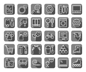 Shops, gray icons, thin outline, vector. Different categories of goods. White icons on a gray field with a shadow.  