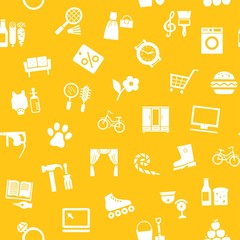 Shops, seamless pattern, monochrome, yellow, vector. Different categories of goods. White icons on a yellow field.  