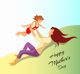 Cute card design for Happy Mother's Day. Mother playing with child. Vector illustration for postcard, banner, poster, greeting card.