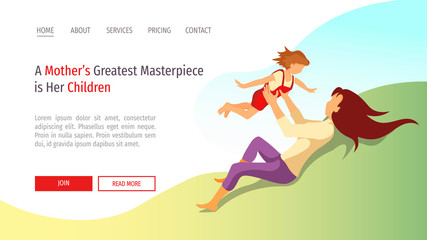 Web page design for Happy family, Childhood, Parenthood, Motherhood. Mother playing with child. Vector illustration for poster, banner and website development.