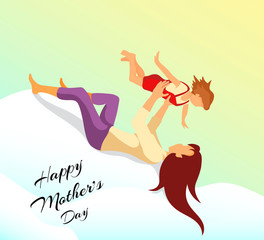 Cute card design for Happy Mother's Day. Mother playing with child in the clouds. Vector illustration for postcard, banner, poster, greeting card.